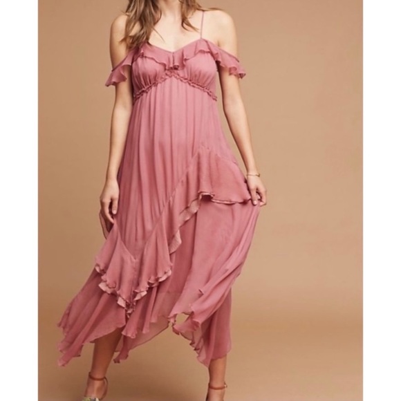 Anthropologie Moulinette Soeurs Reagan Silk Ruffled Dress Pink Size 6 Petite - Picture 1 of 10